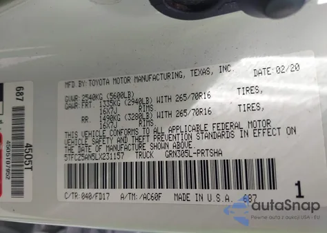 2020 Toyota Tacoma Trd Off-Road z USA, uszkodzony, nr VIN 5TFCZ5AN5LX231157